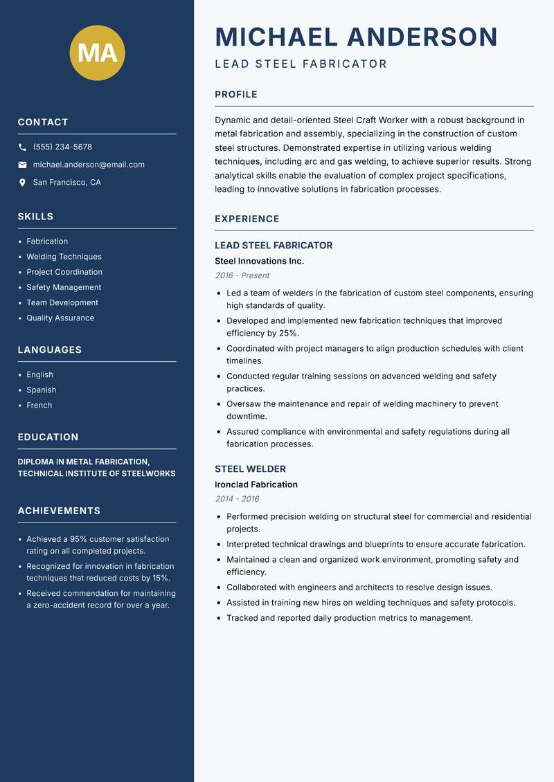 Steel Craft Worker resume sample — Lead Steel Fabricator focus
