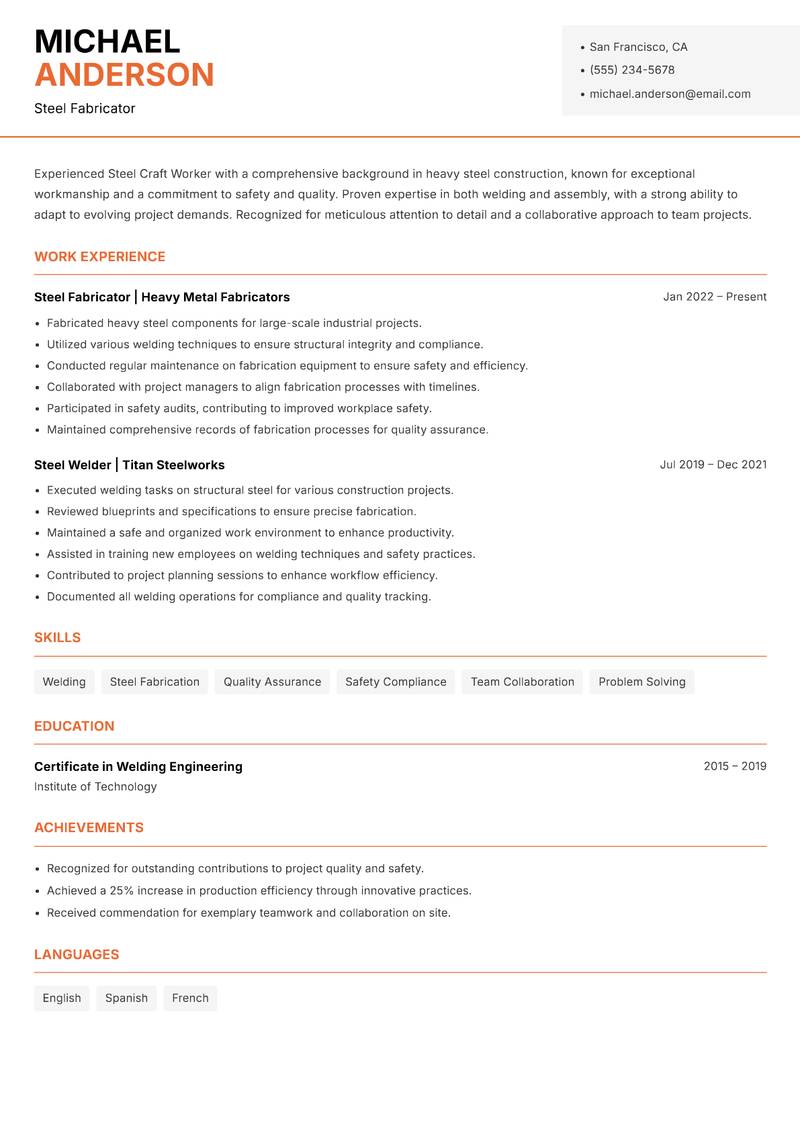 Steel Craft Worker resume sample — Steel Fabricator focus