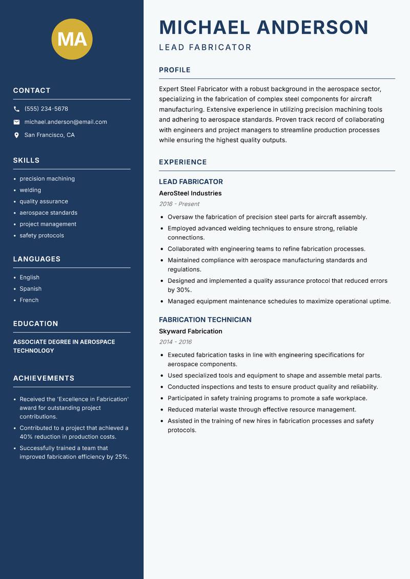 Steel Fabricator resume sample — Lead Fabricator focus