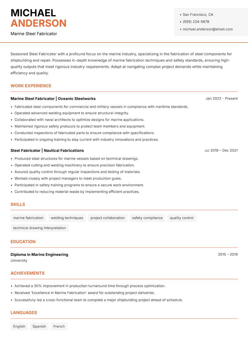 Steel Fabricator resume sample — Marine Steel Fabricator focus