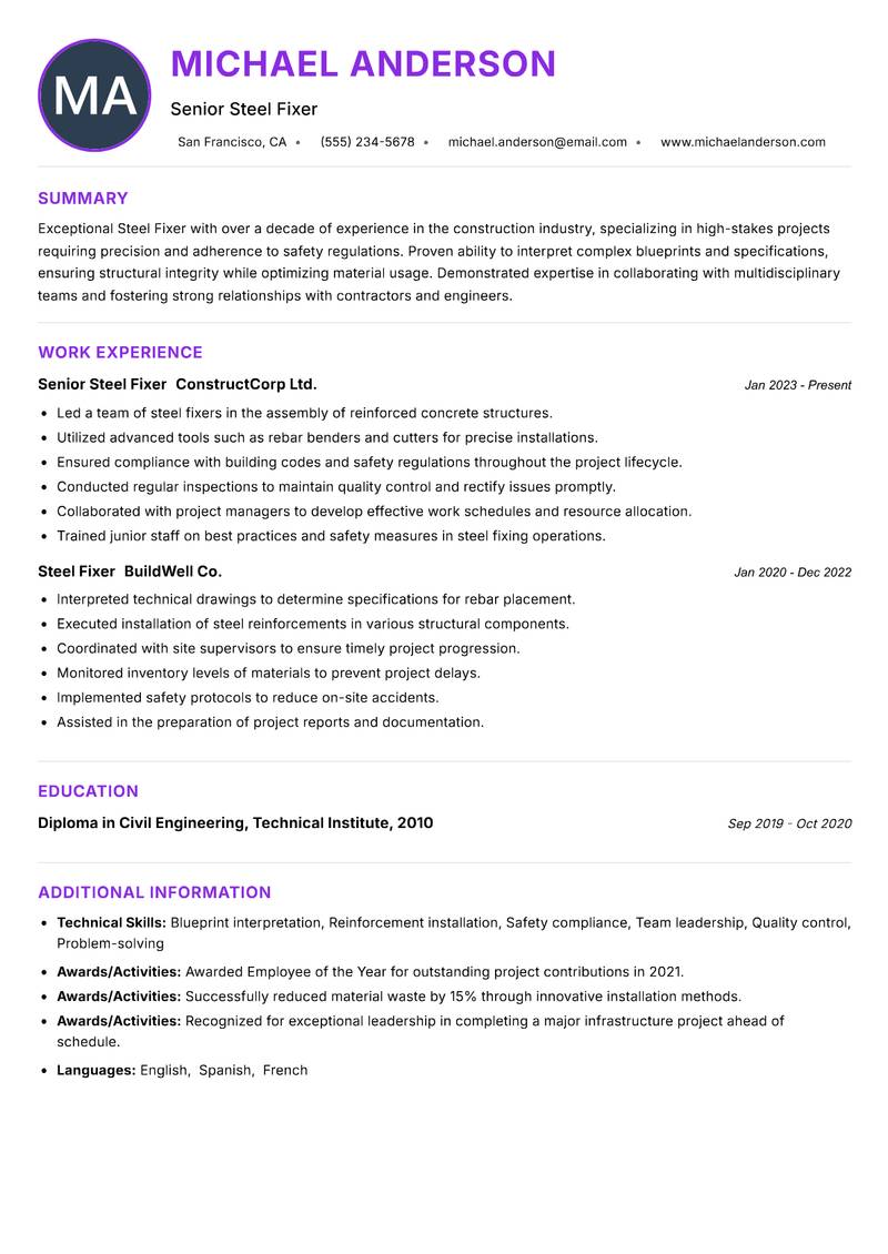 Steel Fixer resume example