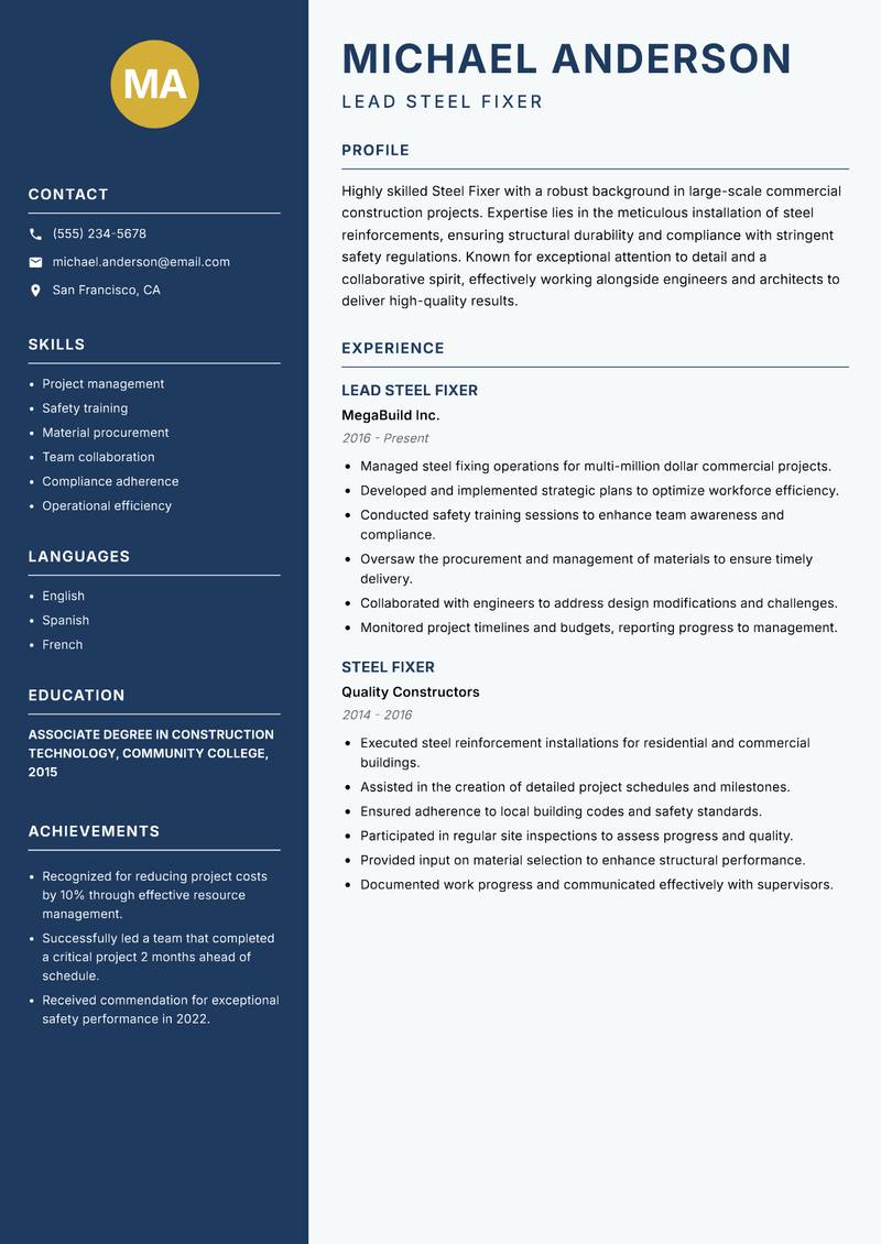 Steel Fixer resume sample — Lead Steel Fixer focus