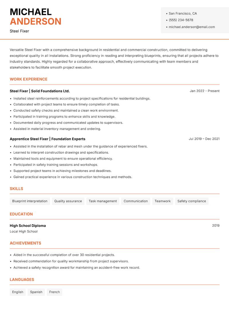 Steel Fixer resume sample — Steel Fixer focus