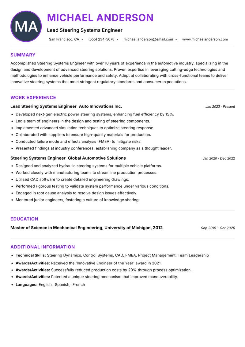 Steering Systems Engineer resume example