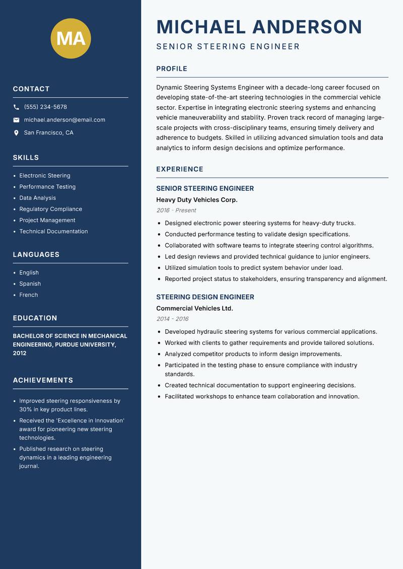 Steering Systems Engineer resume sample — Senior Steering Engineer focus