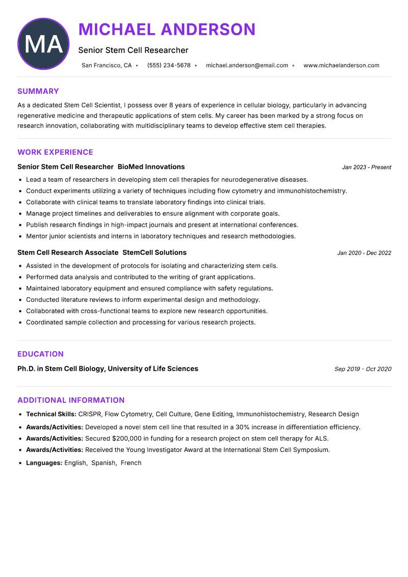 Stem Cell Scientist resume example