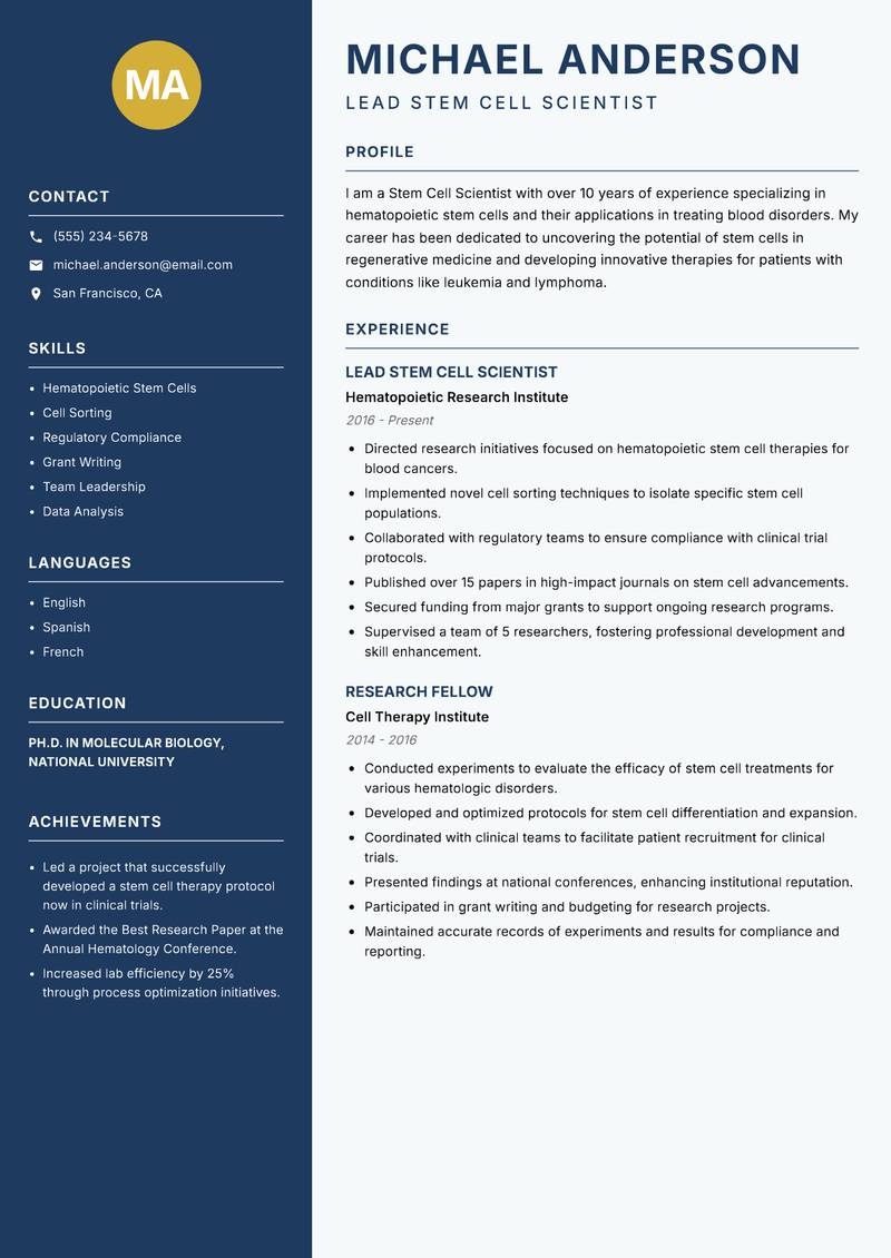 Stem Cell Scientist resume sample — Lead Stem Cell Scientist focus