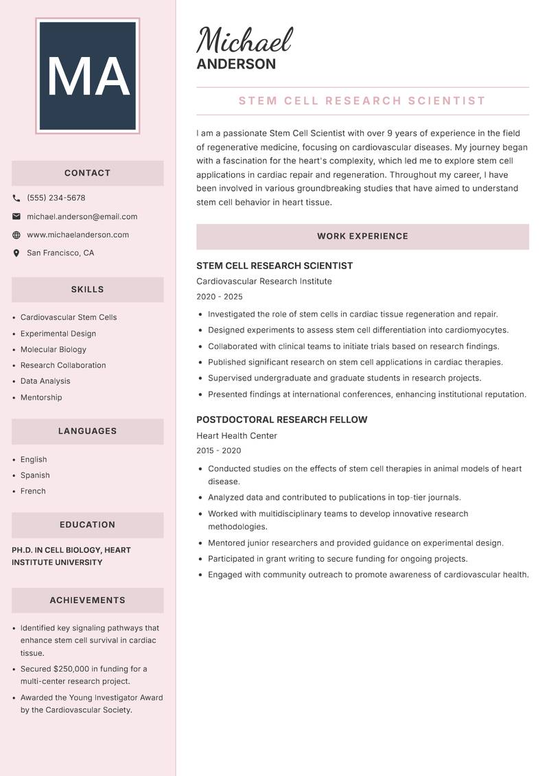 Stem Cell Scientist resume sample — Stem Cell Research Scientist focus