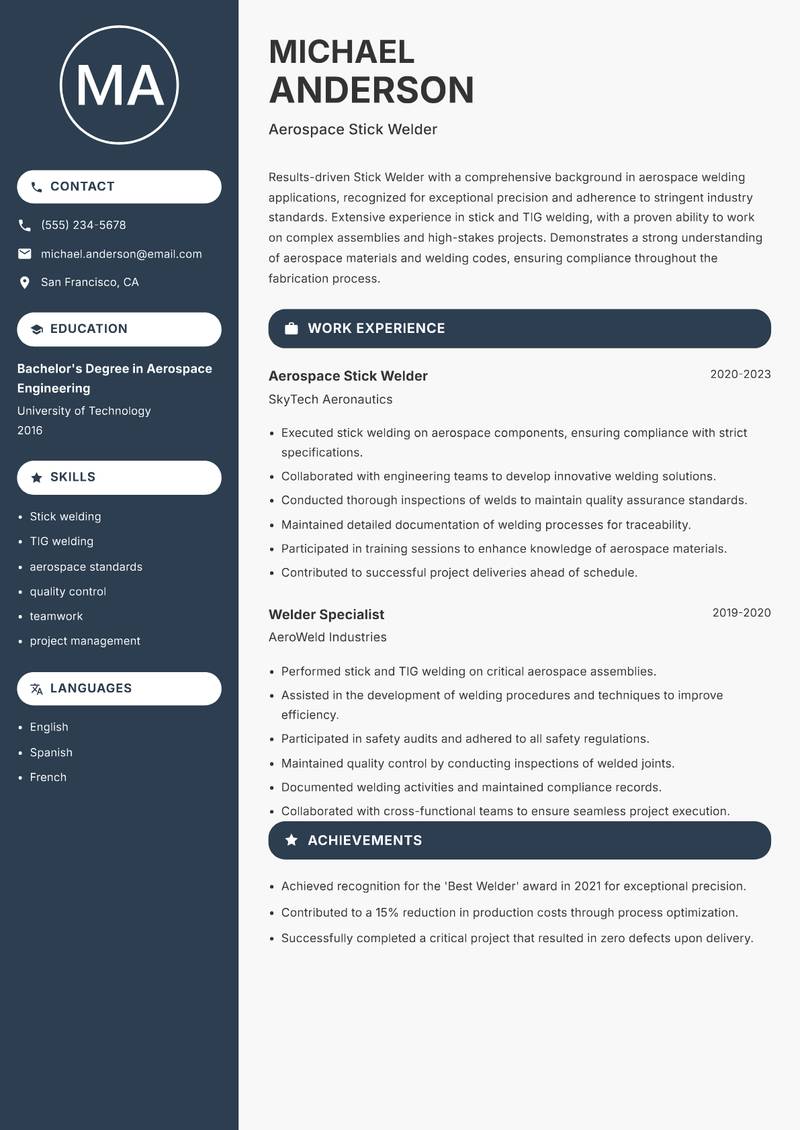 Stick Welder resume sample — Aerospace Stick Welder focus