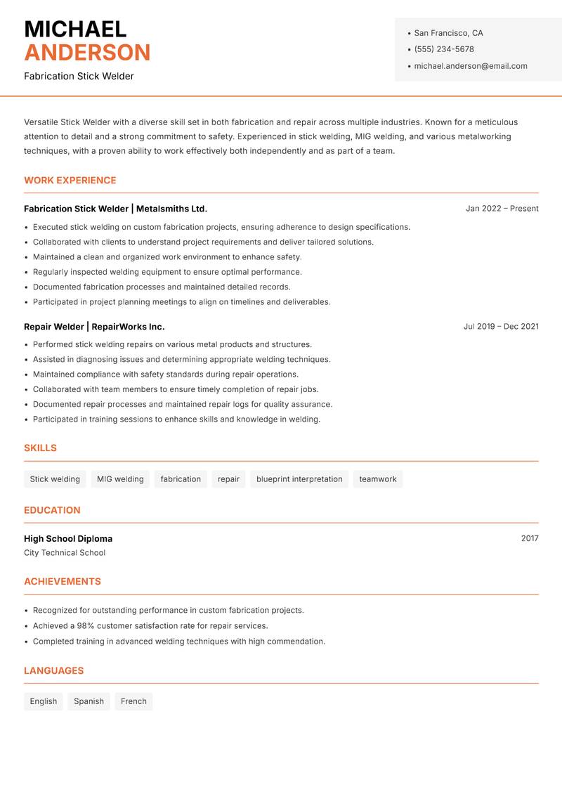 Stick Welder resume sample — Fabrication Stick Welder focus