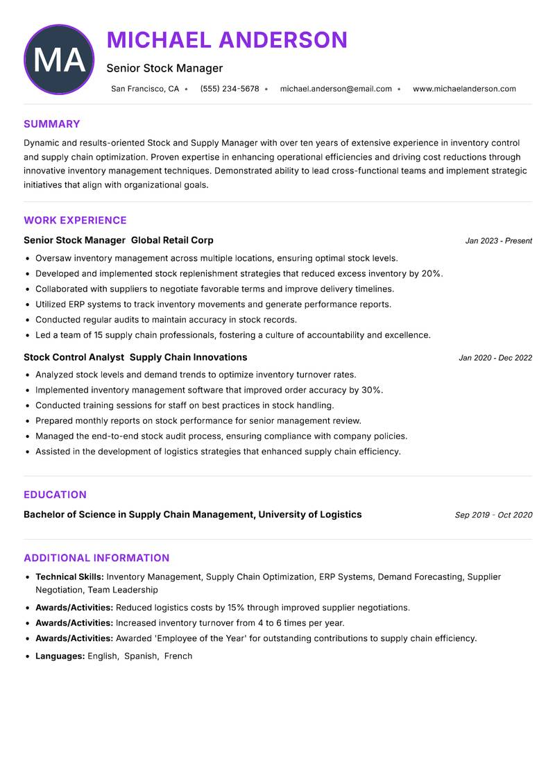 Stock and Supply Manager resume example