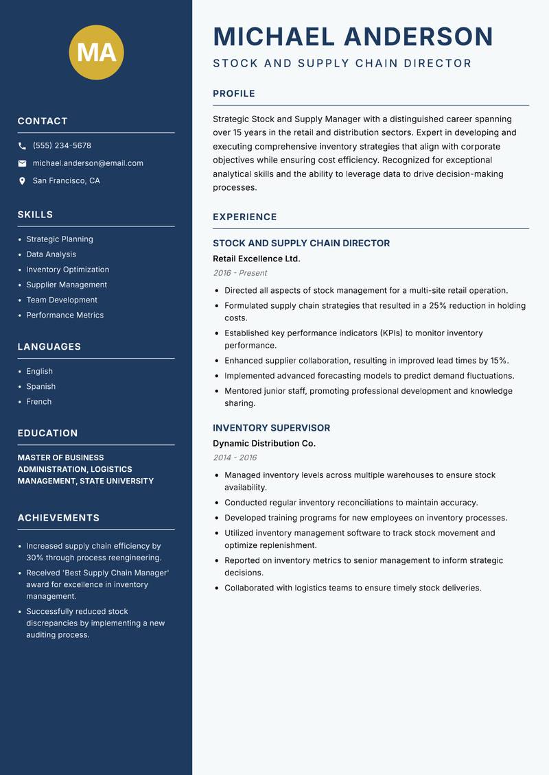 Stock and Supply Manager resume sample — Stock and Supply Chain Director focus