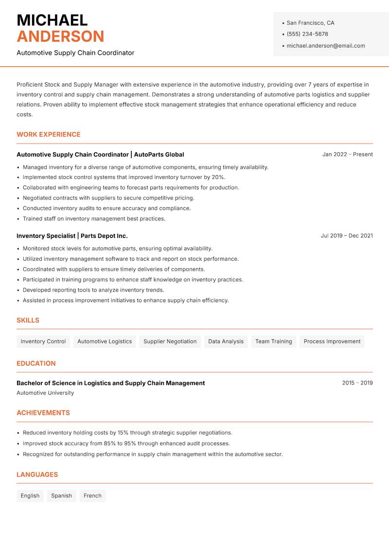 Stock and Supply Manager resume sample — Automotive Supply Chain Coordinator focus