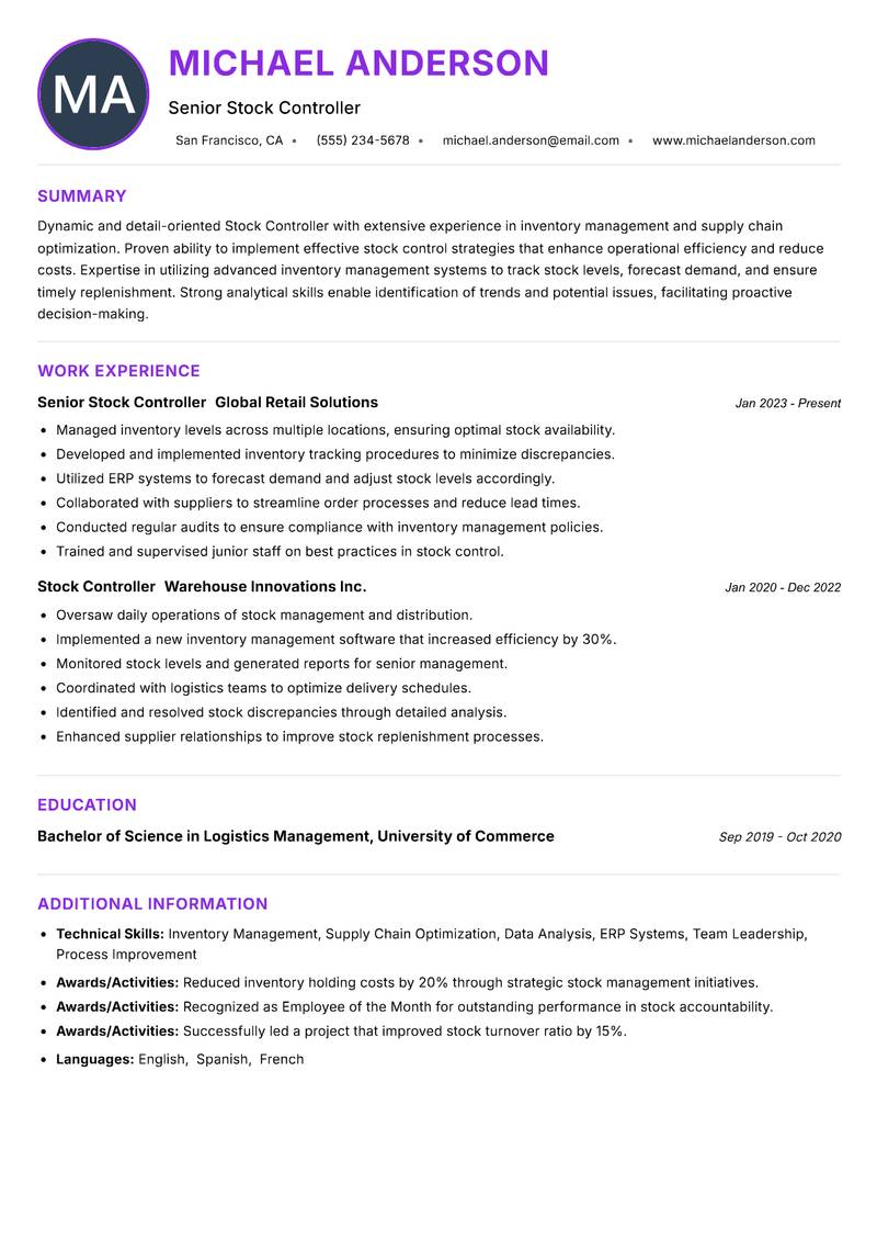 Stock Controller resume example