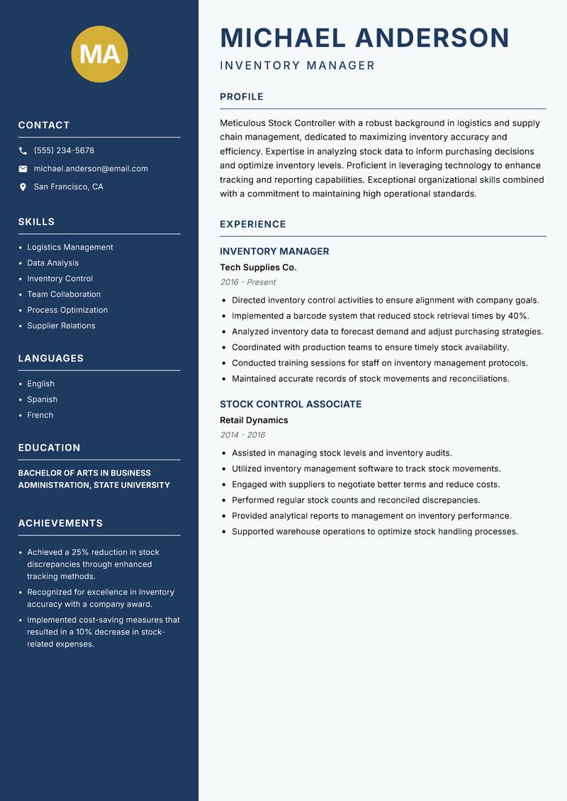 Stock Controller resume sample — Inventory Manager focus