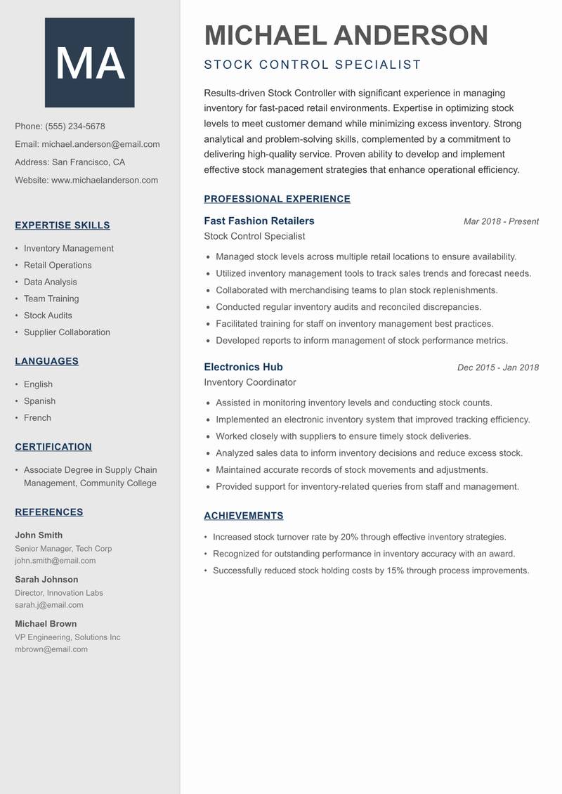 Stock Controller resume sample — Stock Control Specialist focus