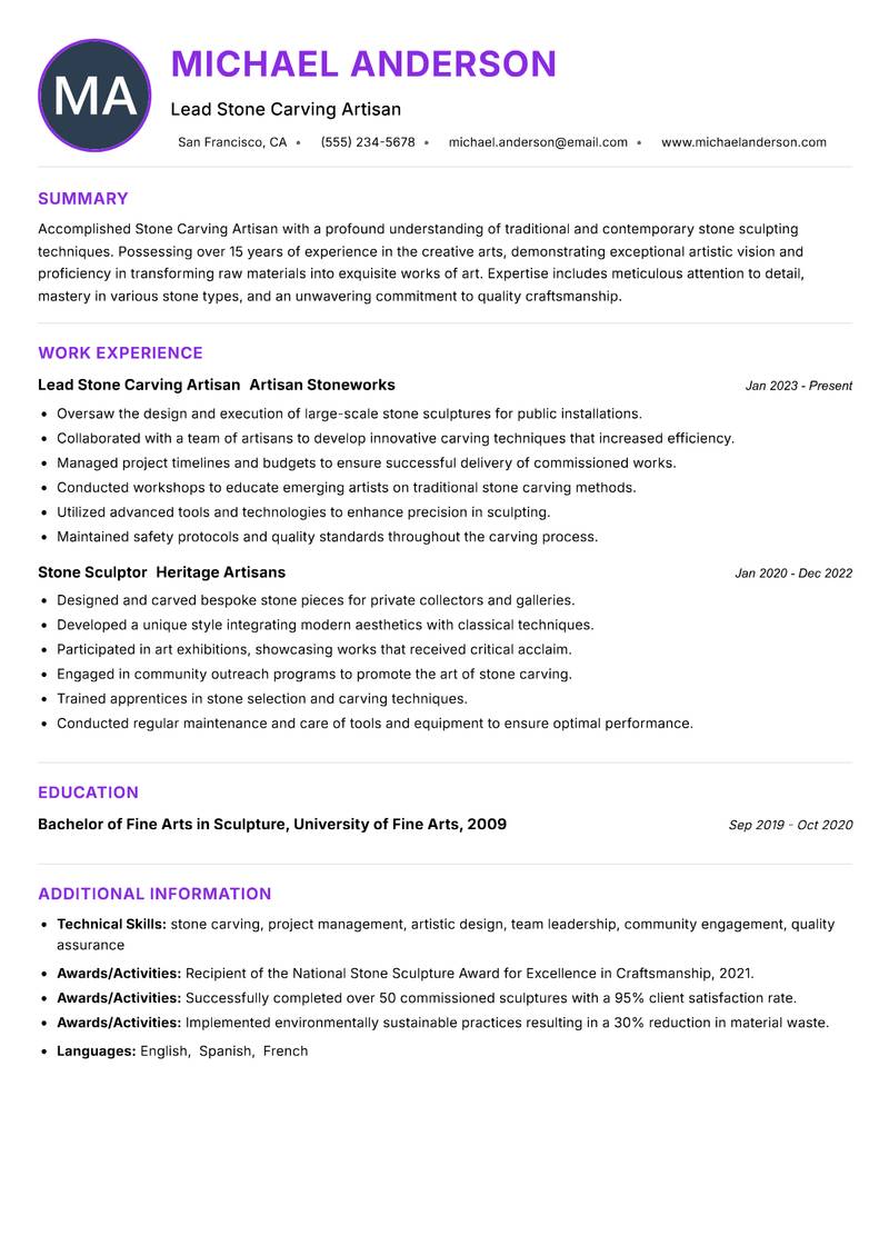 Stone Carving Artisan resume example