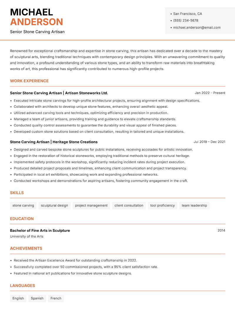 Stone Carving Artisan resume sample — Senior Stone Carving Artisan focus