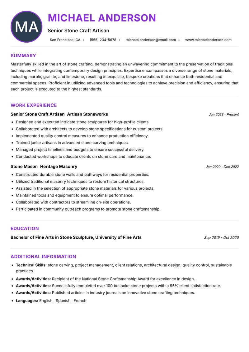 Stone Craft Artisan resume example