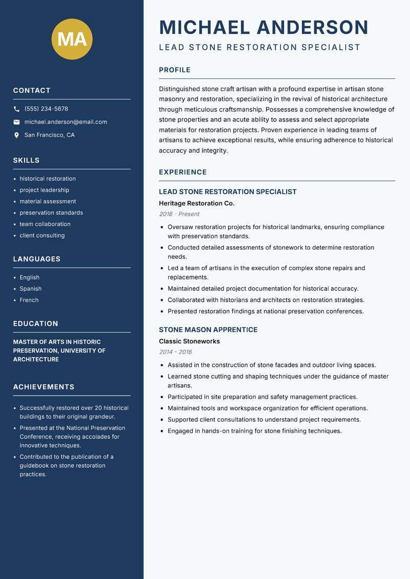 Stone Craft Artisan resume sample — Lead Stone Restoration Specialist focus