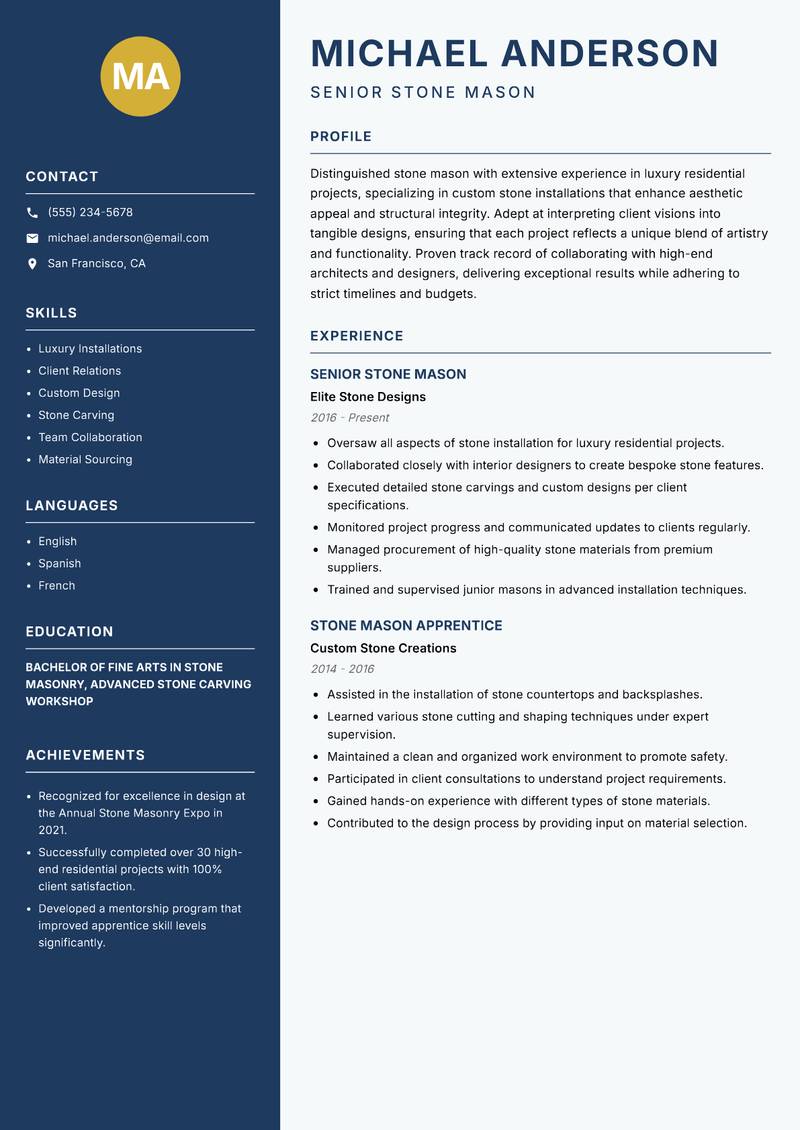 Stone Mason resume sample — Senior Stone Mason focus