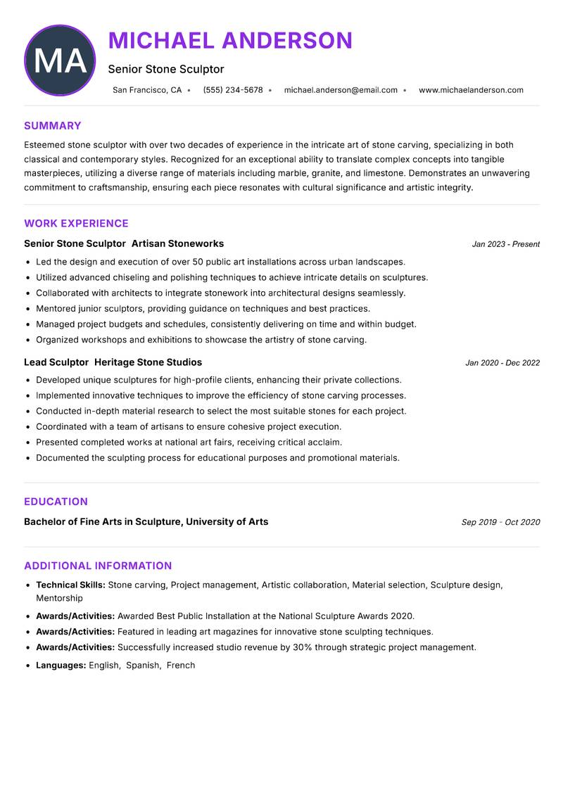Stone Sculptor resume example