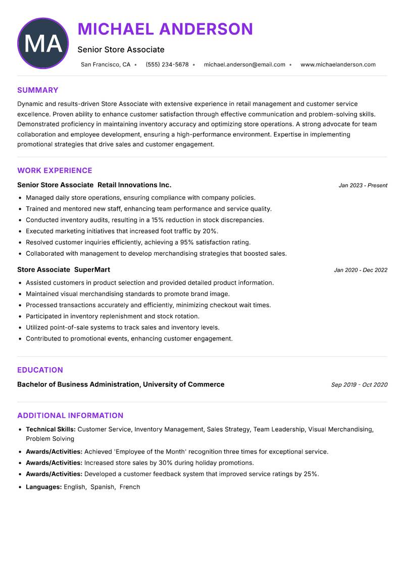 Store Associate resume example