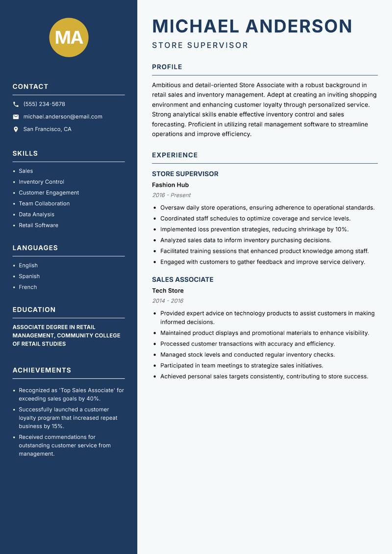 Store Associate resume sample — Store Supervisor focus