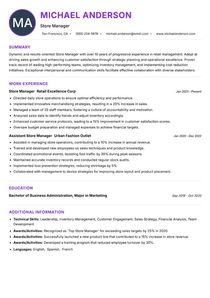 Store Manager resume example
