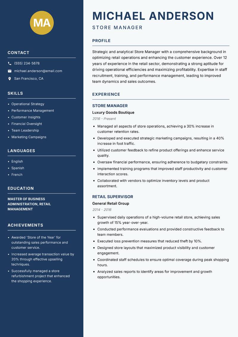 Store Manager resume sample — Store Manager focus