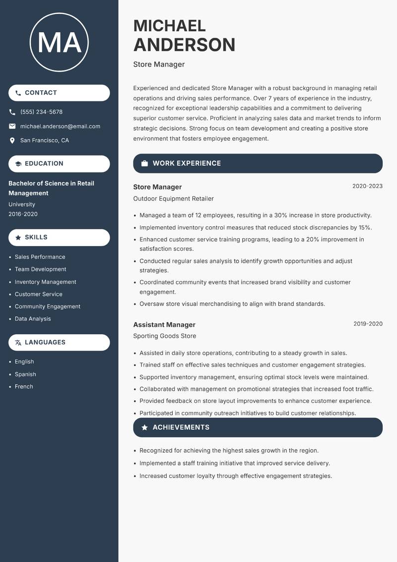 Store Manager resume sample — Store Manager focus
