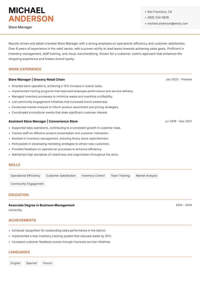 Store Manager resume sample — Store Manager focus