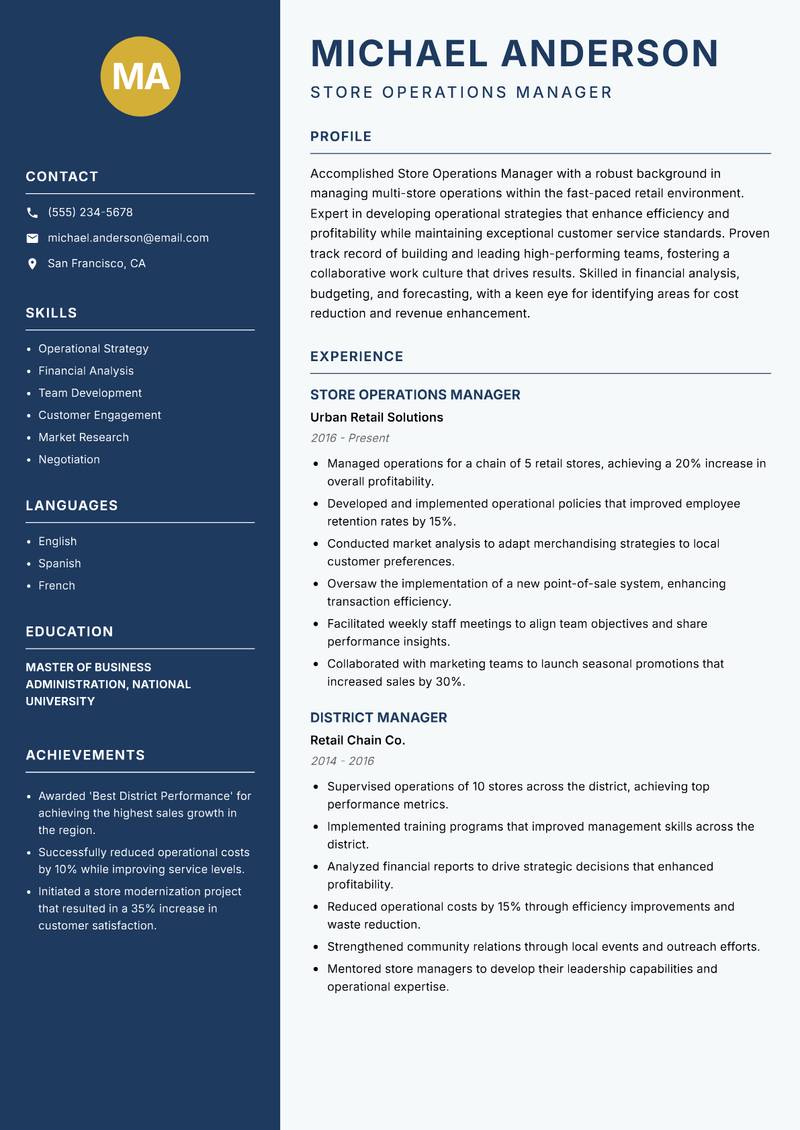 Store Operations Manager resume sample — Store Operations Manager focus