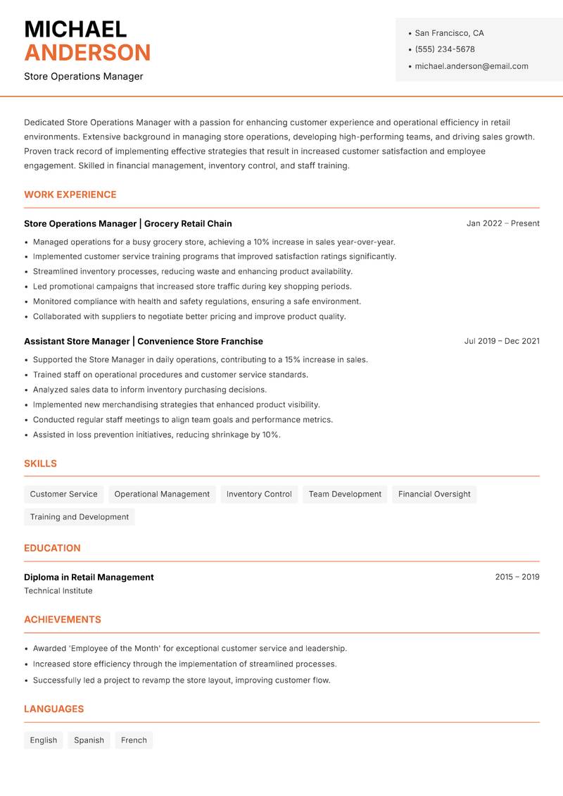 Store Operations Manager resume sample — Store Operations Manager focus