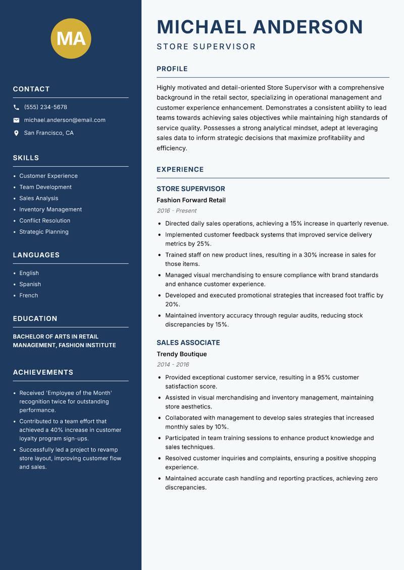 Store Supervisor resume sample — Store Supervisor focus
