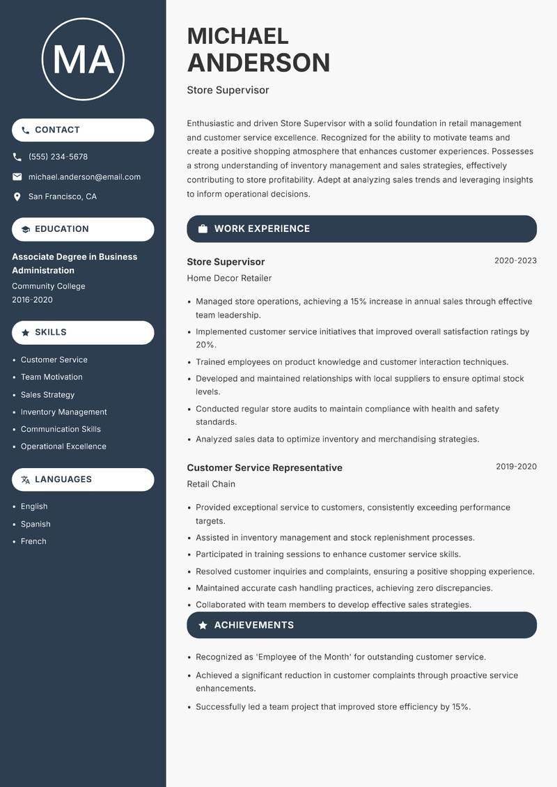 Store Supervisor resume sample — Store Supervisor focus
