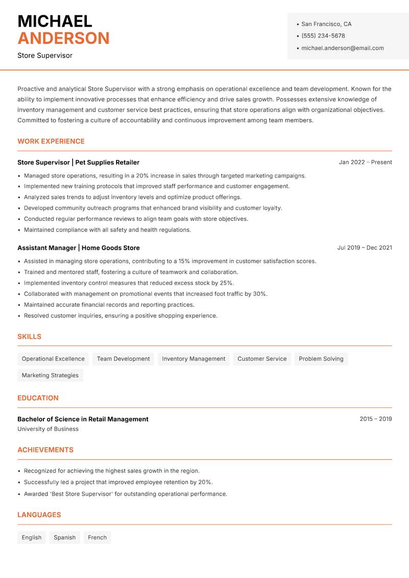 Store Supervisor resume sample — Store Supervisor focus