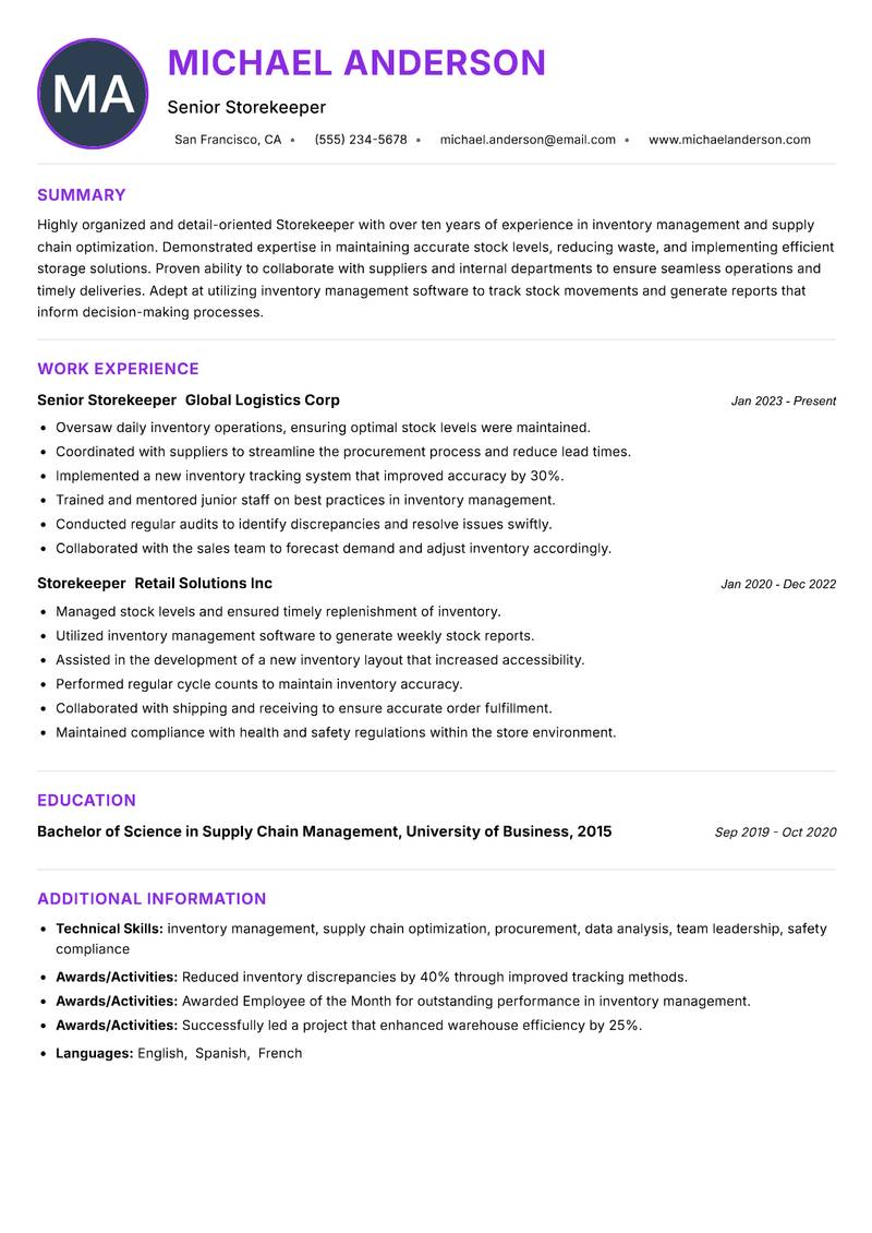 Storekeeper resume example