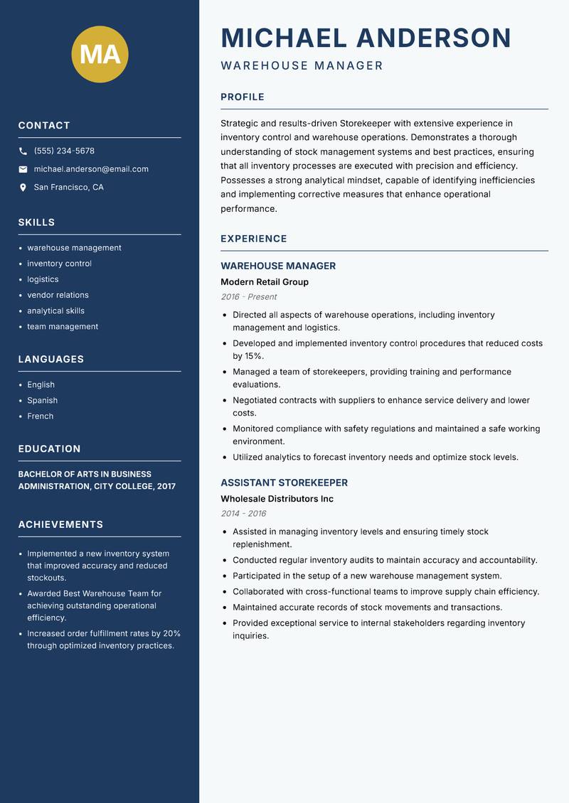 Storekeeper resume sample — Warehouse Manager focus