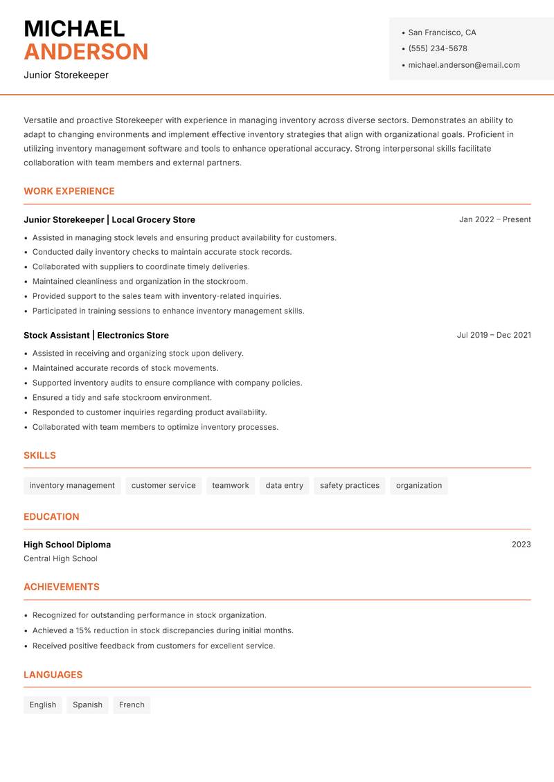 Storekeeper resume sample — Junior Storekeeper focus