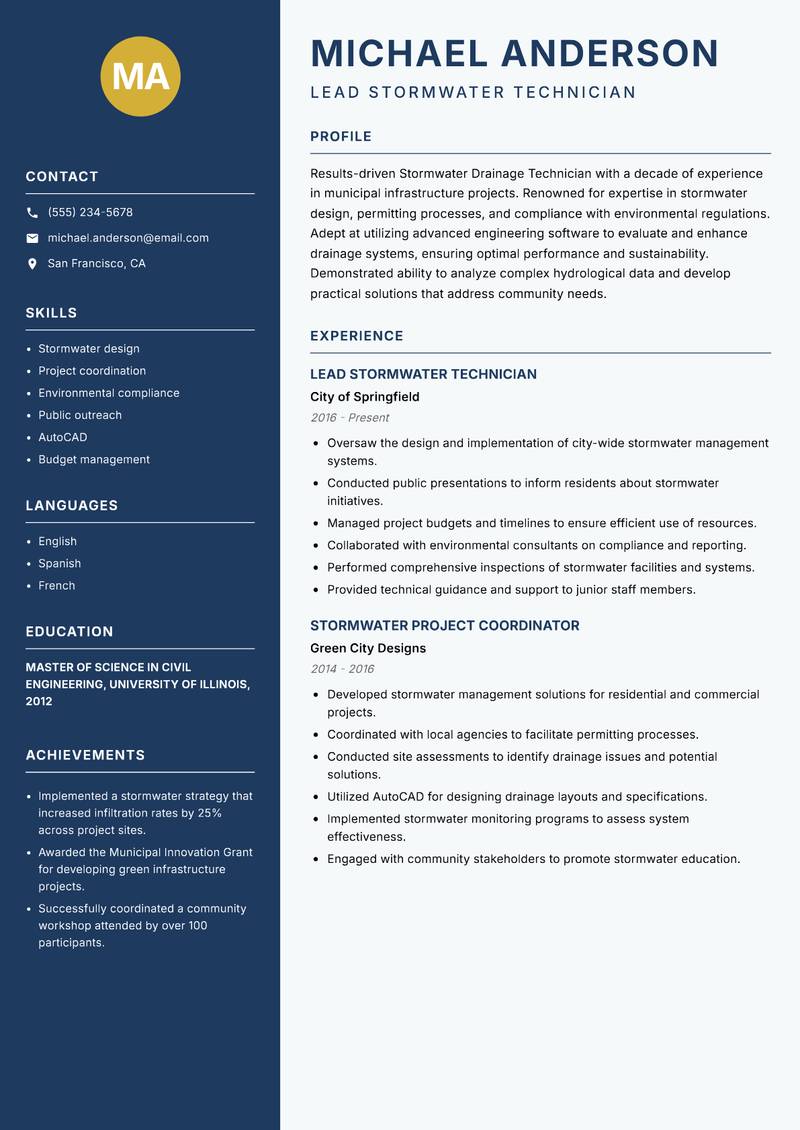 Stormwater Drainage Technician resume sample — Lead Stormwater Technician focus