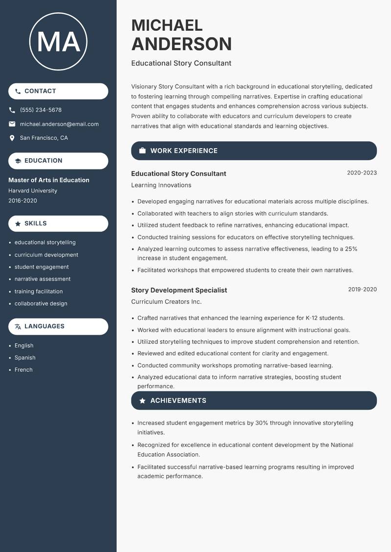 Story Consultant resume sample — Educational Story Consultant focus