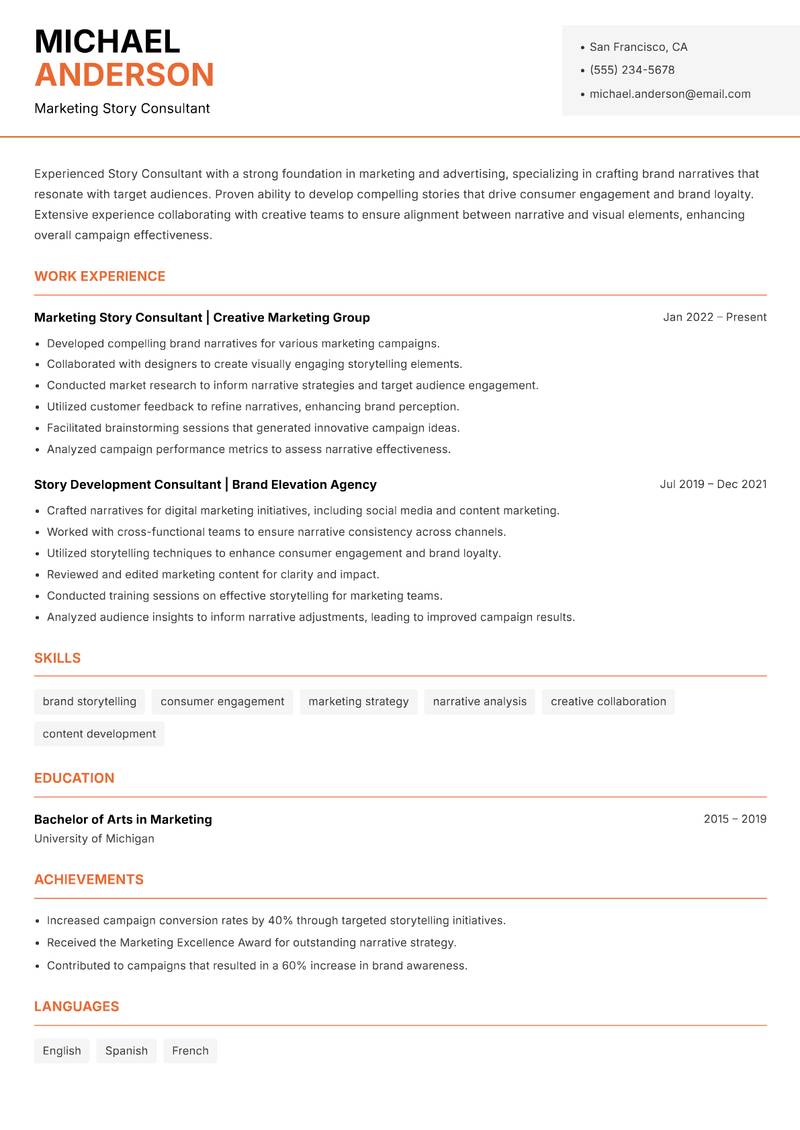 Story Consultant resume sample — Marketing Story Consultant focus