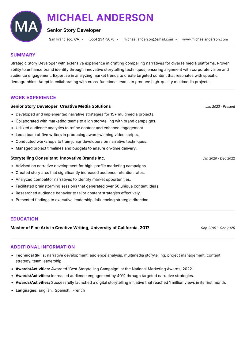 Story Developer resume example