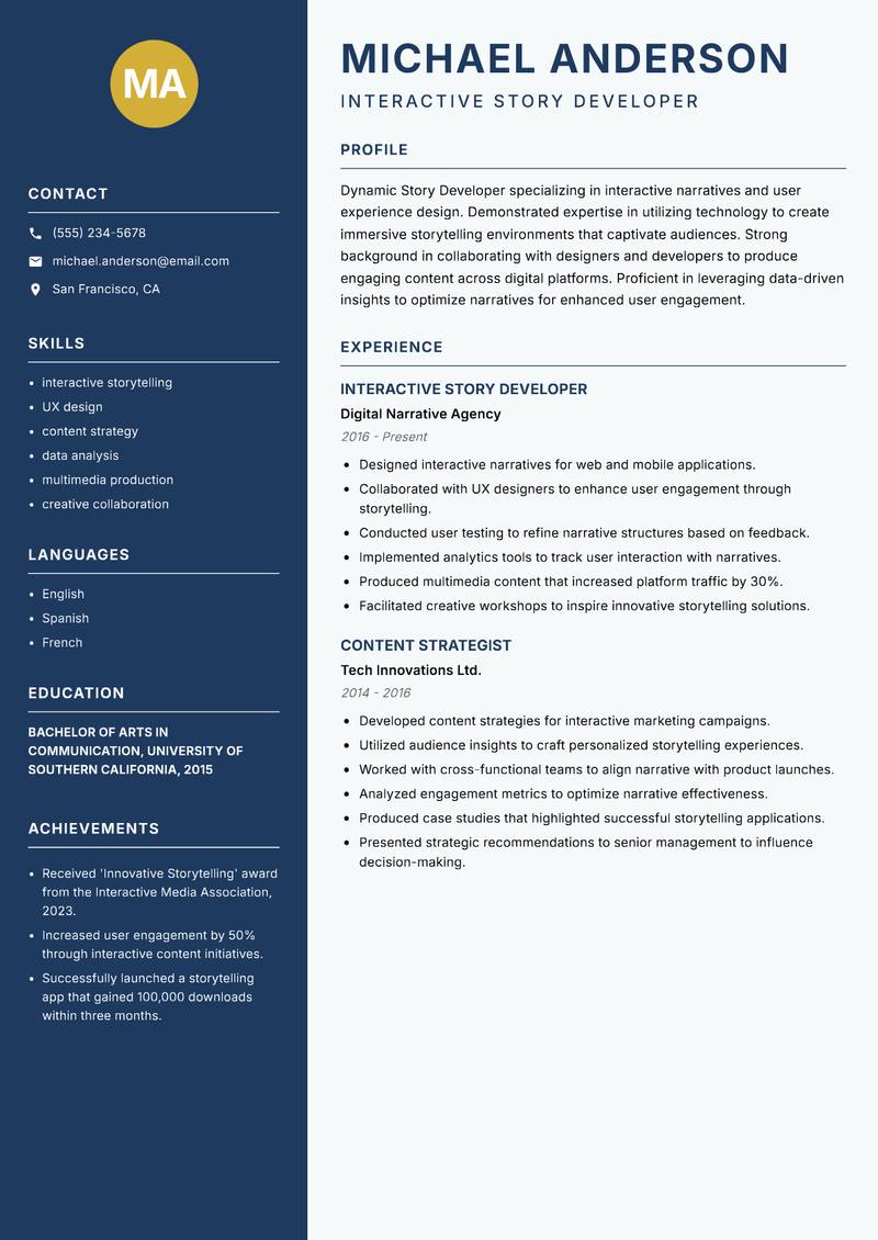 Story Developer resume sample — Interactive Story Developer focus
