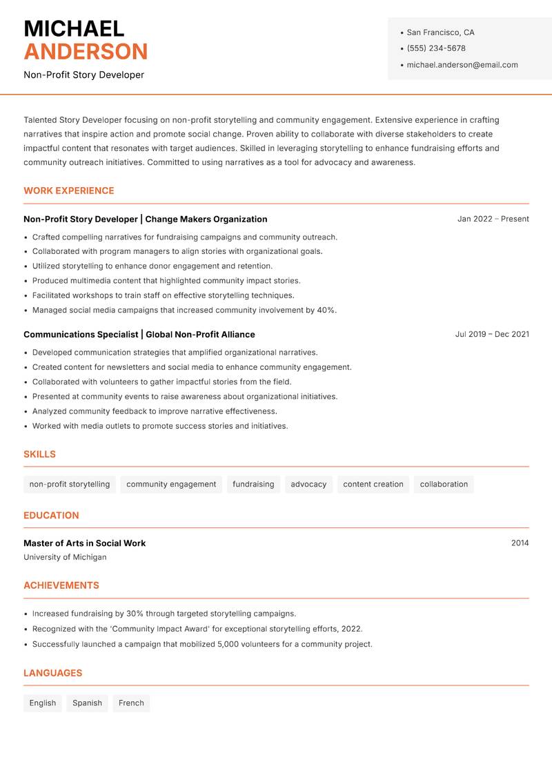 Story Developer resume sample — Non-Profit Story Developer focus