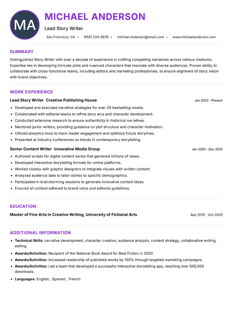 Story Writer resume example