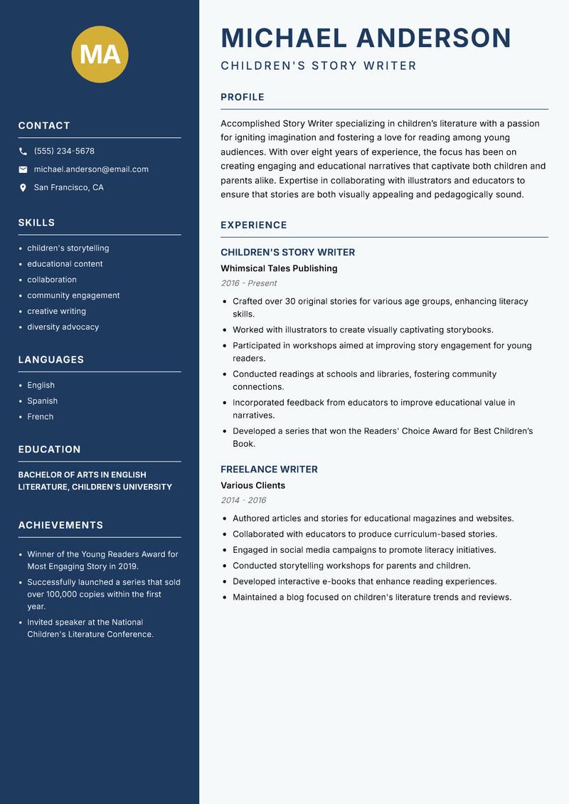 Story Writer resume sample — Children's Story Writer focus