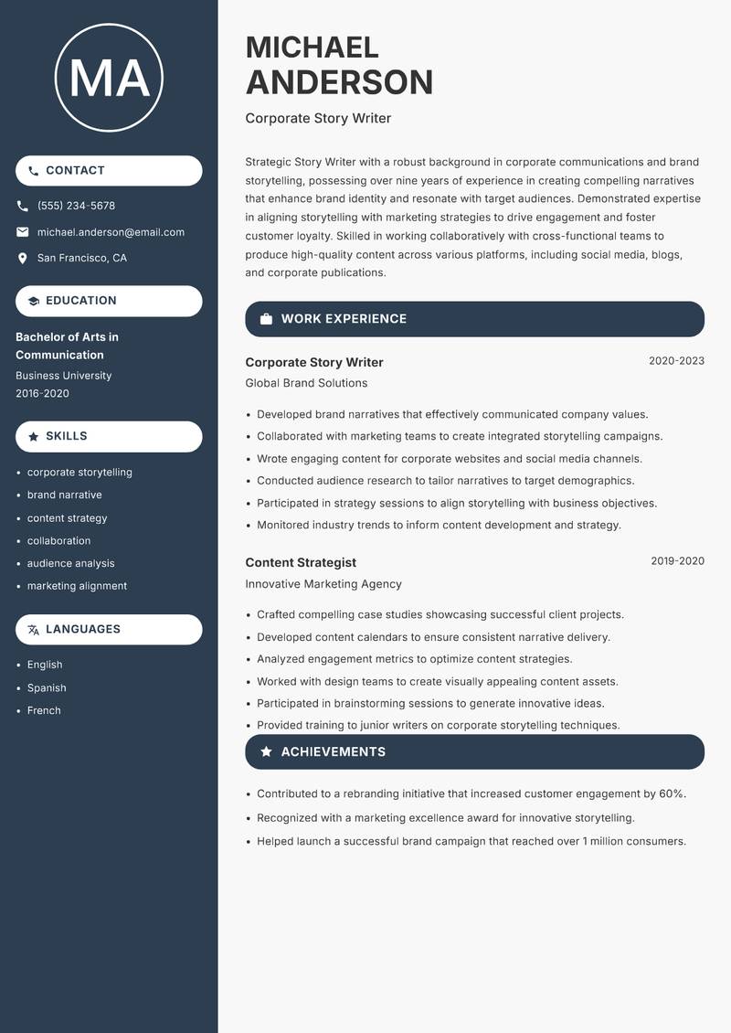 Story Writer resume sample — Corporate Story Writer focus