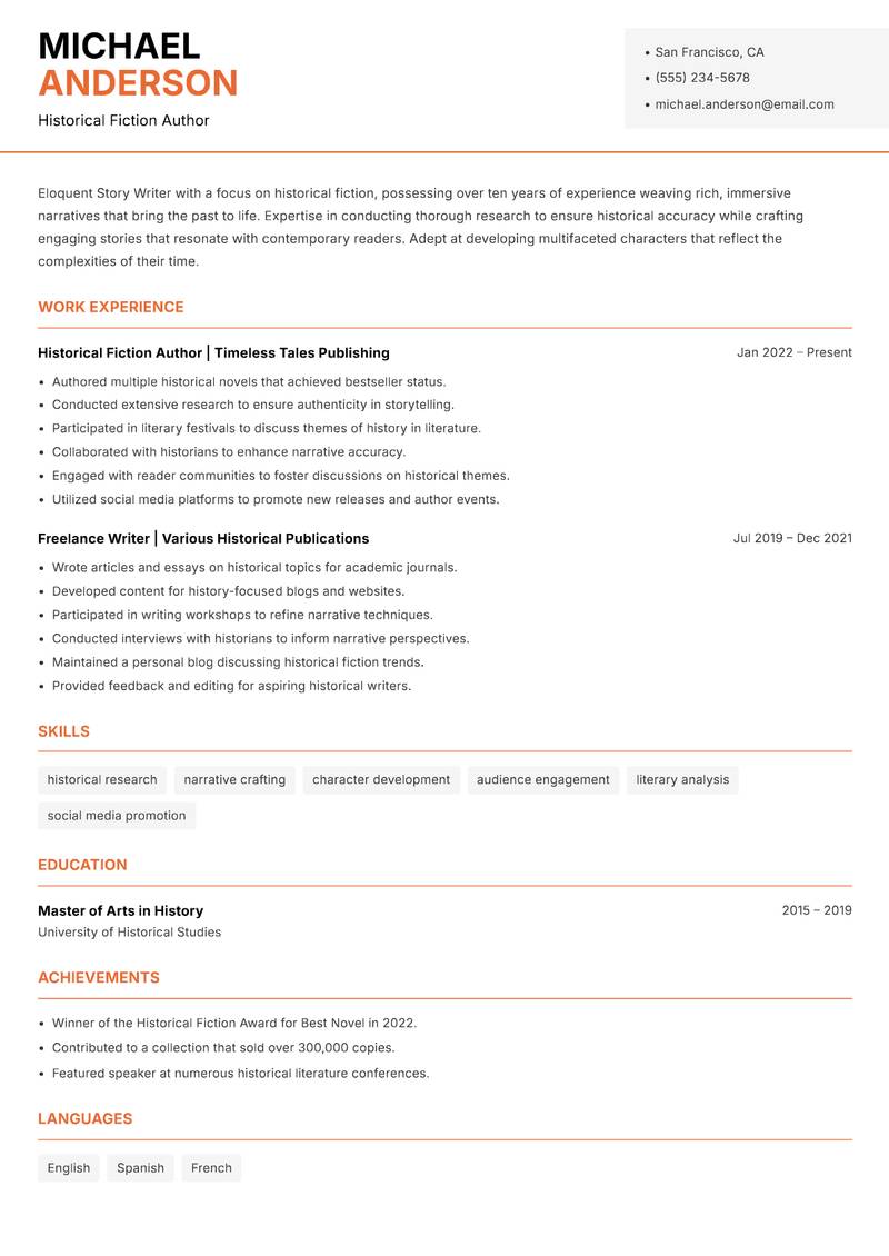 Story Writer resume sample — Historical Fiction Author focus